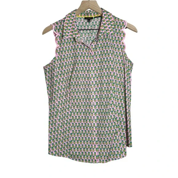 Talbots Womens Non Iron Shirt 10 Pink Pineapple Print Scalloped - Picture 1 of 8